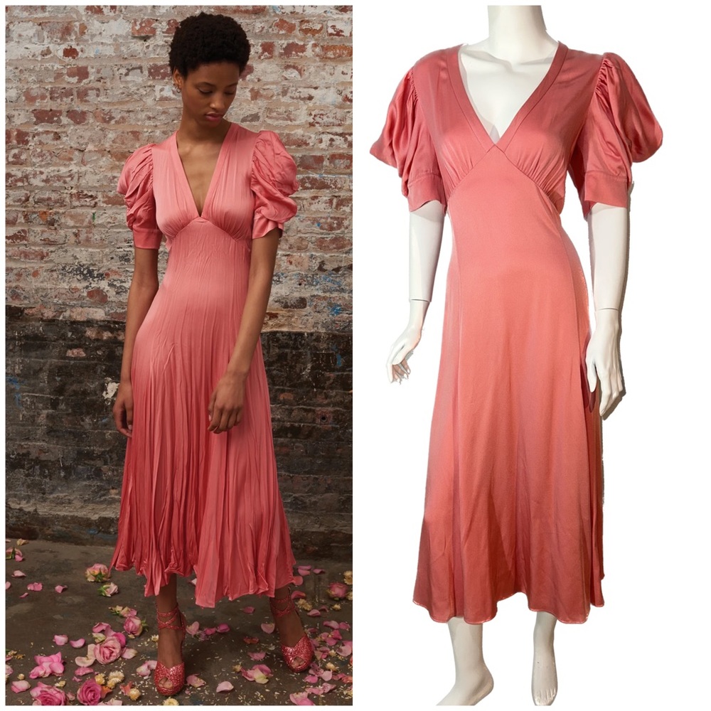 IN VOGUE! Puff-Sleeve MICHAEL KORS COLLECTION * $2290 Runway PINK Satin Dress 8 - Picture 4 of 13